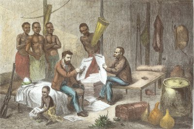 ديفيد ليفينغستون (1813--1873) والسيد هنري مورتون ستانلي (1841-1904) يستقبلان الصحف في وسط أفريقيا ، نقشتهما بيرسون (تلوين فيما بعد) بواسطة يوهان المعمدان زويكر