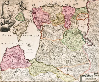 من بحر البلطيق ، معرض بالتيكوم دوكاتو ليفونيا والجزر المجاورة Curlandiae New Map ، ca 1720 بواسطة يوهان بابتيستا هومان