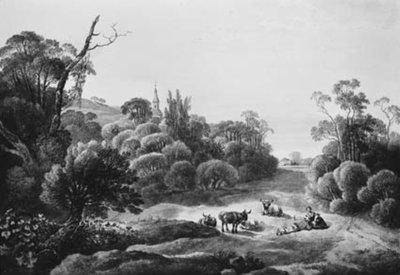 المناظر الطبيعية مع زوجين من الماشية والراعي بواسطة Johann Christian Klengel