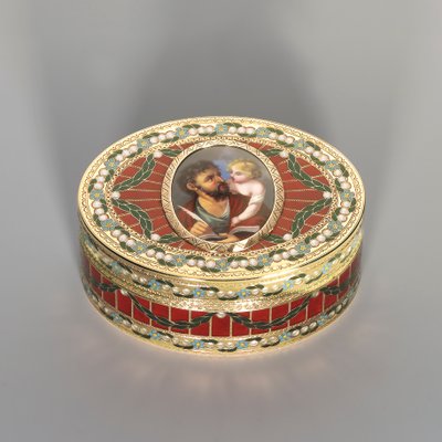 صندوق السعوط ، درسدن ، 1775-80 ، المصغر جنيف ، حوالي 1800 (حجر ساكسون صلب ، ذهبي ومينا) بواسطة يوهان كريستيان نوبر