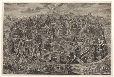 نظرة عامة على خريطة القدس من منظور طائر مع تمثيلات لآلام المسيح بواسطة Johann Daniel Herz (I)