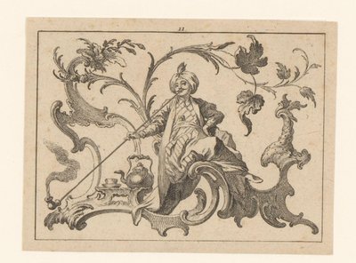 رجل يدخن الغليون مع عمامة جالس على زخرفة الروكوكو ، بجانبه إبريق وكوب وصحن المدخنون على زخرفة الروكوكو (عنوان السلسلة) بواسطة Johann Esaias Nilson