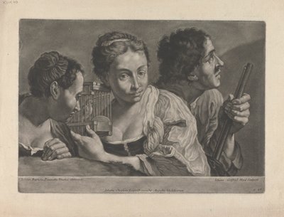 امرأتان تستمعان إلى طائر، ورجل يحمل مسدسًا بواسطة Johann Gottfried Haid