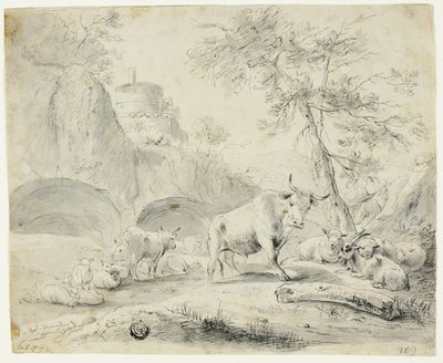 منظر طبيعي مع الراعي والأغنام والماعز والماشية بواسطة Johann Heinrich Roos