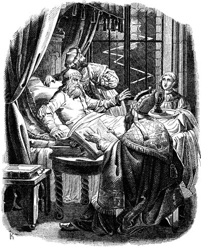 هنري الأسد قبل وفاته في برونزويك رسم توضيحي من تاريخ الشعب الألماني بقلم إي دولر ، 1840 بواسطة يوهان جاكوب كيرشوف