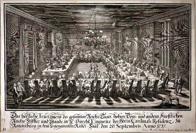 مأدبة في قاعة الملك في قصر كاردينال ريغنسبورغ ، 26 سبتمبر 1717 (نقش) بواسطة يوهان ماتياس وجير أندرياس ستيدلين