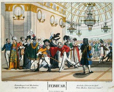 كرة Shrovetide المقنعة ، رسم توضيحي لتقويم لشهر فبراير ، نُشر في نورمبرغ ، حوالي عام 1830 (نقش ملون) بواسطة يوهان مايكل (بعد) فولتز
