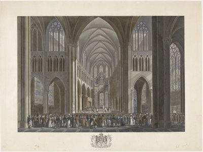 مباركة الملك ويليم الأول في كنيسة القديس جودول في بروكسل في 21 سبتمبر 1815 اثنتا عشرة لوحة لوصول وتنصيب ويليام الأول في بروكسل ومعارك كواتر-براس وواترلو في عام 1815 (عنوان السلسلة) بواسطة جيه إل فان بيفر