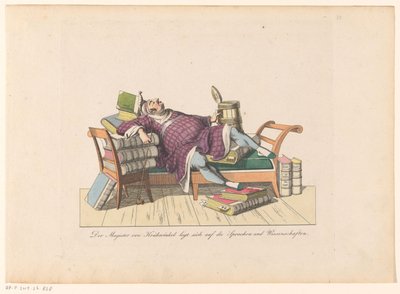 Leraar van Krähwinkel مستلق على أريكة مع boeken يعتمد Magister von Krähwinkel على اللغات والعلوم (العنوان على الكائن) بواسطة يوهان نوسبيجل (ربما)