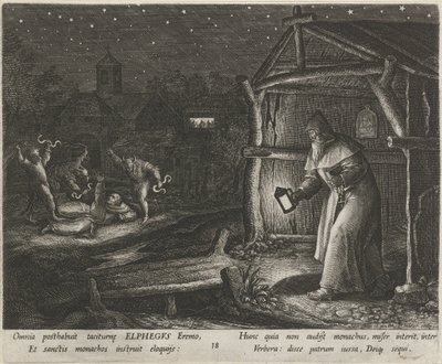 القديس ألفيجوس من كانتربري باعتباره ناسكًا الحياة الفاضلة للناسك (عنوان المسلسل) Trophaeum vitae solitariae (عنوان السلسلة) بواسطة مارتن دي فوس