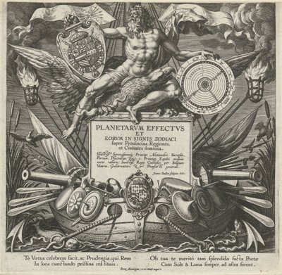 Jupiter en oorlogsschip التقى het wapen van Alessandro Farnese Titelprent van een prentserie أكثر من تأثير فان دي بلانتين فوق ستريك آثار الكواكب وعلاماتها في الأبراج (عنوان السلسلة) تأثيرات Planetarvm و eorvm في علامات البروج (ser بواسطة يوهان سادلر (أنا)