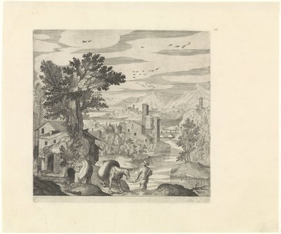 منظر طبيعي مع مزارع وحماره المناظر الطبيعية الإيطالية (عنوان المسلسل) بواسطة يوهان سادلر (أنا)