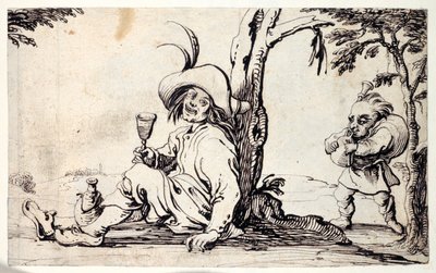 Countryman seated refreshing himself and a dwarf with bagpipes (pen & ink on paper) بواسطة يوهان فيلهلم باور