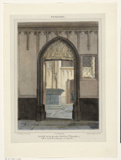منظر لمقبرة في Stevenskerk في Nijmegen منظر في Groote Kerk ، في Nijmegen ، مع قبر Catharina van Bourbon. (العنوان على الكائن) نايمجين. (عنوان السلسلة على الكائن) بواسطة Desguerrois and Co.