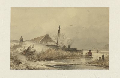 المناظر الطبيعية الشتوية مع مزرعة بجوار خندق بواسطة Johannes Franciscus Hoppenbrouwers