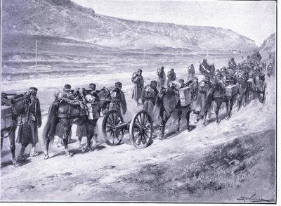 بطارية من البنادق الميدانية في طريقها إلى Ichon ، التوضيح من Casells History of Russo-Japanese War Vol 1 ، c.1900 بواسطة يوهانس هيرمان باريند كوكوك