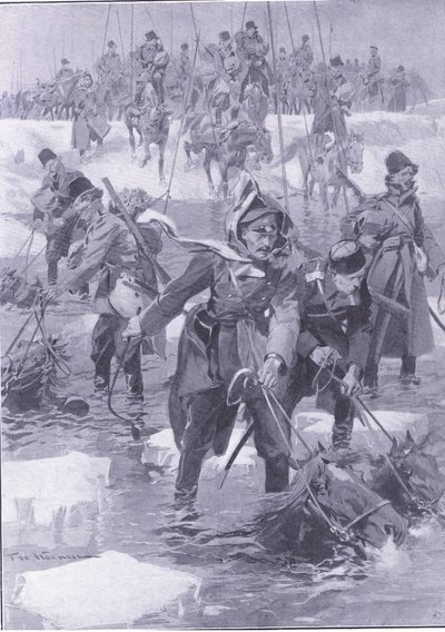 إنجاز فروسية. سلاح الفرسان الروسي يعبر نهرًا ، التوضيح من Casells History of Russo-Japanese War Vol 1 ، c.1900 بواسطة يوهانس هيرمان باريند كوكوك