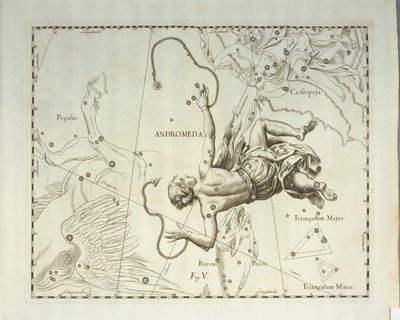 كوكبة أندروميدا الشمالية من أندروميدا ، نقش من الأطلس السماوي Firmamentum Sobiescianum sive Uronographia ، بقلم يوهان هيفيليوس (1611-1687) ، غدانسك بواسطة يوهانس هيفيليوس