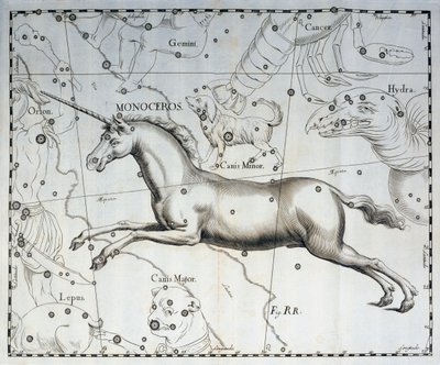 Monoceros ، كوكبة يونيكورن ، نقش من الأطلس السماوي Sobiescianum sive Uronographia ، بقلم يوهان هيفيليوس (1611-1687) ، غدانسك بواسطة يوهانس هيفيليوس