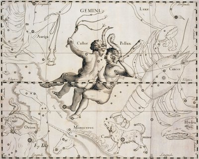كوكبة الجوزاء ، رسم توضيحي من Firmmentum Sobiescianum أو Uranographia ، بقلم يوهان هيفيليوس (1611-1687) ، غدانسك 1690 بواسطة يوهانس هيفيليوس