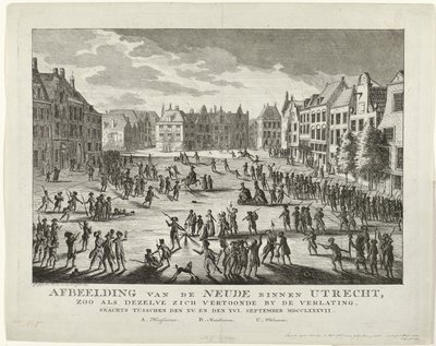 الوطنيون يغادرون النيود في أوتريخت ، 1787 صورة للنيود داخل أوتريخت ، كما ظهرت عندما كانت مهجورة ، ليلاً بين الخامس عشر. والسادس عشر. سبتمبر MDCCLXXXVII (العنوان على الكائن) بواسطة يوهانس جيلجيرهويس