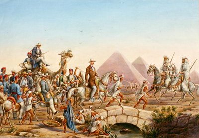 أمير بروسيا مع الوفد المرافق له يتجول في أهرامات الجيزة (ألوان مائية على ورق) بواسطة يوهانس رابي
