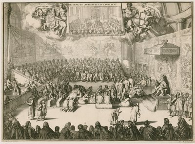 جلسة في مجلس العموم مع جورج الثاني على العرش بواسطة Johannes and Mortier, Cornelis Covens
