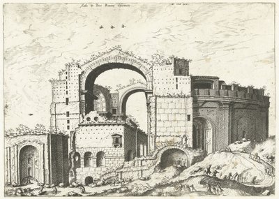 Gezicht op de Sint Pieter في روما تشوه Aedis D. Peter Romana (العنوان على الكائن) الآثار الرومانية ، 1561 (عنوان السلسلة) بواسطة يوهانس لوكاس فان دويتشوم (منسوب إلى)