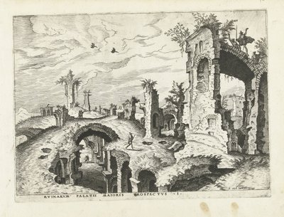 منظر للآثار على تل بالاتين الآثار الرومانية ، 1561 (عنوان السلسلة) بواسطة يوهانس لوكاس فان دويتشوم (منسوب إلى)
