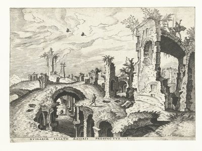 منظر لأطلال تل بالاتين في روما الآثار الرومانية ، 1561 (عنوان السلسلة) بواسطة يوهانس لوكاس فان دويتشوم (منسوب إلى)