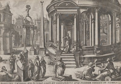زكريا يخرج من الهيكل ، من سلسلة الأحداث في وحول الهيكل ، ... ، كاليفورنيا. 1572. التأليف: Johannes van Doetecum I، Lucas van Doetecum. بواسطة يوهانس ولوكاس فان دويتكوم