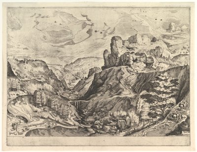 منظر جبال الألب مع وادي عميق من المناظر الطبيعية الكبيرة ، كاليفورنيا. 1555-56. بواسطة يوهانس فان دويتكوم الأول