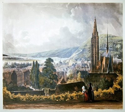 Caudebec ، من "مناظر على نهر السين" ، نقش بواسطة توماس ساذرلاند (مواليد 1785) نشره آر. أكرمان (1764-1834) 1821 (ليثو ملون) بواسطة جون (بعد) جيندال