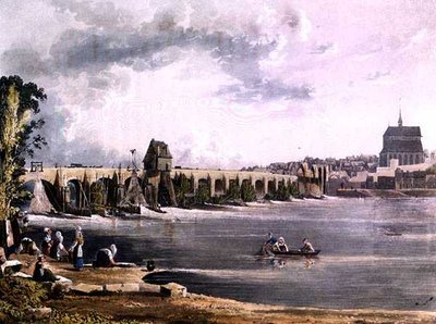 بونت دي لارش ، من "مناظر على نهر السين" ، نقش بواسطة توماس ساذرلاند (مواليد 1785) نشره آر. أكرمان (1764-1834) 1821 (ليثو ملون) بواسطة جون (بعد) جيندال