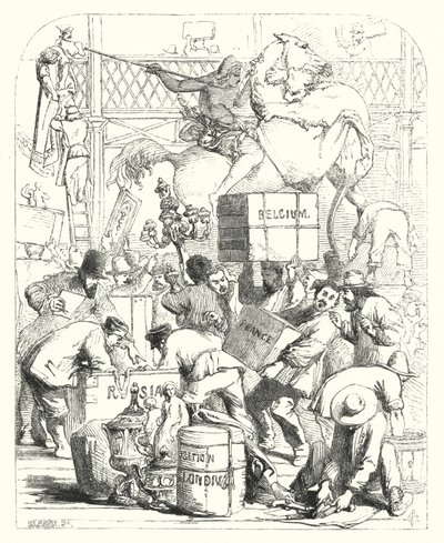 Arrival of goods to be exhibited at the Great Exhibition of 1851, Crystal Palace, Hyde Park, London (engraving) بواسطة جون (بعد) جيلبرت
