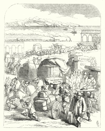 سفن وقطارات تجلب الزوار إلى المعرض الكبير لعام 1851 ، كريستال بالاس ، هايد بارك ، لندن (نقش) بواسطة جون (بعد) جيلبرت