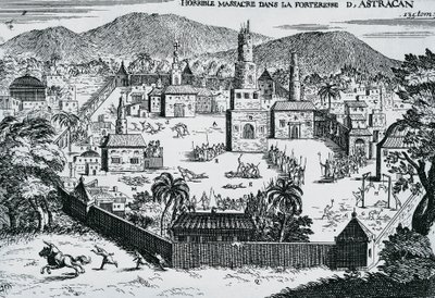 قام القوزاق بقيادة ستيبان رازين بمهاجمة قلعة أستراخان عام 1670 ، روسيا بواسطة والتر تشارلز ميلز