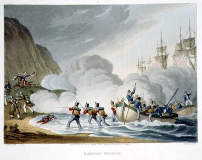 قوات الإنزال ، نقشها ماثيو دوبورج (من 1813 إلى 20) من "الحكايات التاريخية والعسكرية والبحرية" ، حانة. بواسطة إدوارد أورم (1774 - 1820) 1817 (أكواتينت) بواسطة جون أوغسطس (بعد) أتكينسون