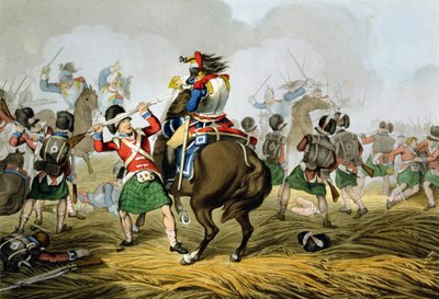 Cuirassiers الفرنسية في معركة واترلو ، اتهمها هايلاندز وسكوتيز غرايز وهزمها ، نقشها ماثيو دوبورج (fl.1813-20) من `` الحكايات التاريخية والعسكرية والبحرية &39;&39;. وداعا بواسطة جون أوغستوس أتكينسون