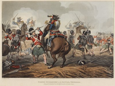Cuirassiers الفرنسي في معركة واترلو اتهمها هايلاندز وسكوتش جرايز وهزمها ، نقشها م. دوبورج ، 1819 (ألوان مائية) بواسطة جون أوغستوس أتكينسون