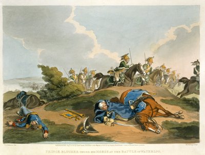 الأمير Blucher تحت حصانه في معركة واترلو ، نقش ماثيو دوبورج (fl.1813-20) من "الحكايات التاريخية والعسكرية والبحرية". بواسطة إدوارد أورم (1774-ج 1820) 1815 (أكواتينت) بواسطة جون أوغستوس أتكينسون