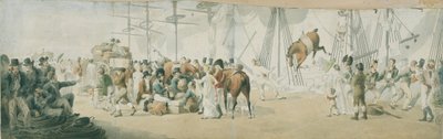 ركوب القوات والخيول في مارغيت (إنجلترا)، حوالي عام 1800. لوحة مائية (17.8 × 54 سم) لجون أوغسطس أتكينسون (1775-1833)، أوائل القرن التاسع عشر. بواسطة جون أوغستوس أتكينسون