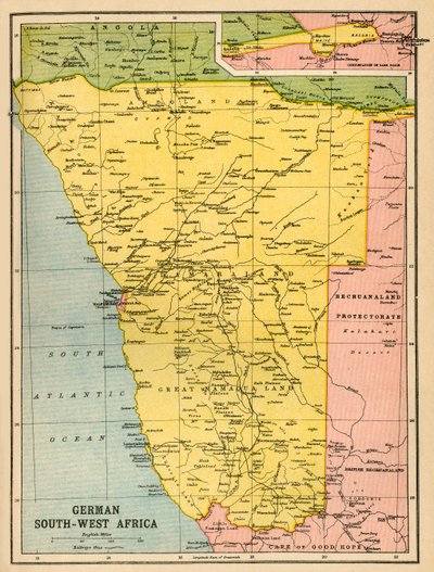 خريطة جنوب غرب أفريقيا الألمانية ، الحرب العالمية الأولى ، c1920. بواسطة جون بارثولوميو وابنه