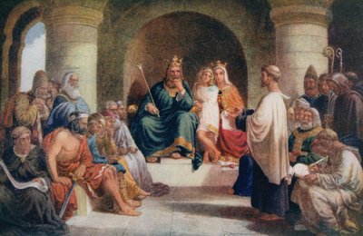 الملك ألفريد (849-99) يقدم قوانينه إلى Witan ، رسم توضيحي من "حياة الرجال العظماء الذين رواهم الرجال العظماء" ، حرره ريتشارد ويلسون ، c2020s بواسطة جون بريدجز