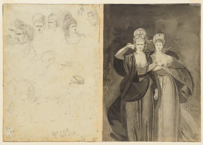 رسم تخطيطي للرؤوس ، يسار ، مقابل امرأتين ، اليمين ، ج. 1770-1775. بواسطة جون براون
