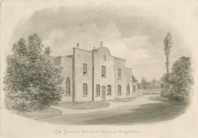 مدرسة Brewood Grammar School: رسم بني داكن ، بدون تاريخ [عام 1842] (رسم) بواسطة جون باكلر