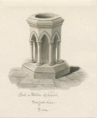 Font in Walton-on-the-Hill Church: sepia wash drawing بواسطة جون باكلر