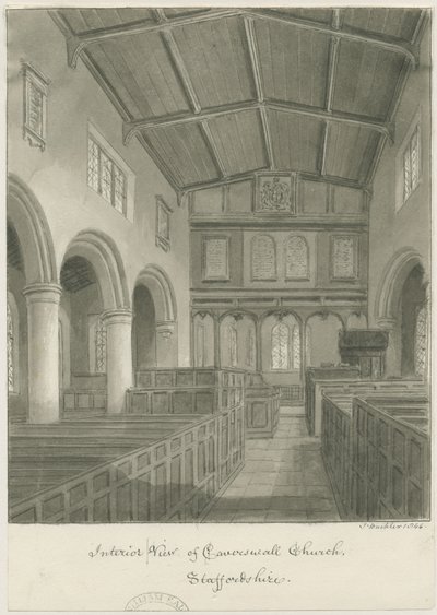 Interior of Caverswall Church: sepia drawing بواسطة جون باكلر