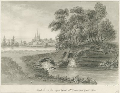 كاتدرائية ليتشفيلد - المنظر الشرقي: رسم بني داكن ، 1844 بواسطة جون باكلر
