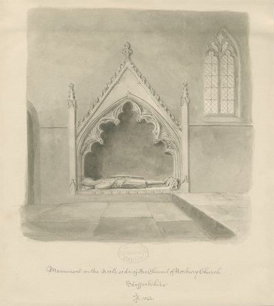كنيسة نوربيري - النصب التذكاري لرالف لو بوتيلر: رسم غسل بني داكن ، 1843 بواسطة جون باكلر